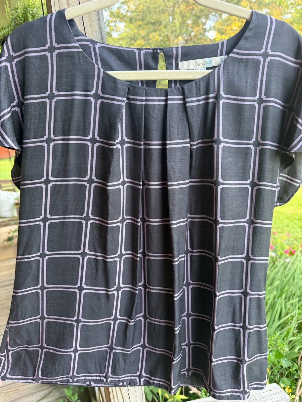 Boden Black Top with Lavender Geometric Print